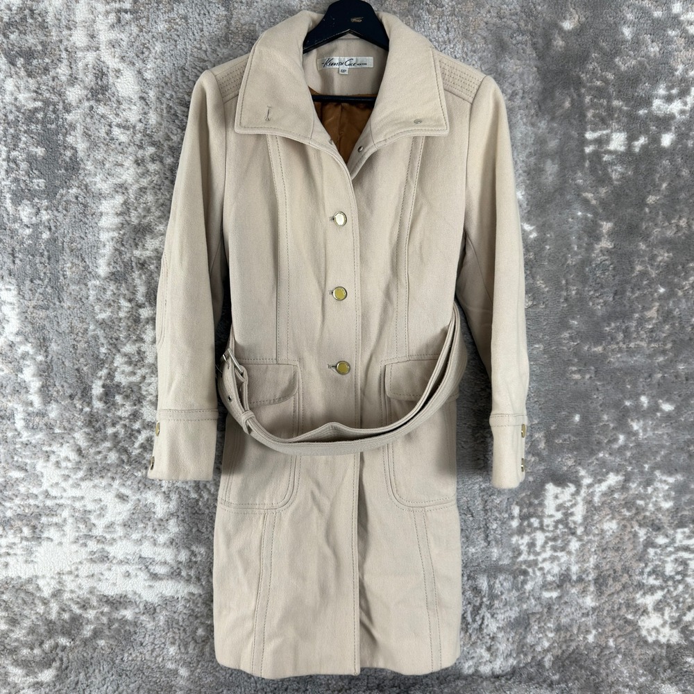 Kenneth‎ Cole Petites Size 8p Belted Wool Blend Trench Pea Coat Beige Womens